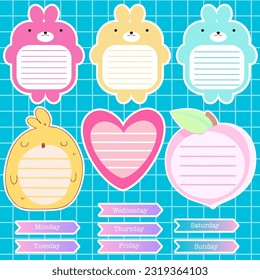 print-ready  set sticker layout empty note paper, tag, memo in kawaii style, cute cartoon animals and fruits 