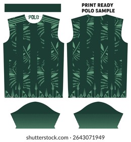 Design de camisa polo sem mangas pronto para impressão com padrões de folhas tropicais em negrito e destaques de seta geométrica em tons de verde escuro e claro. Ideal para roupas esportivas de verão ou moda praia casual.