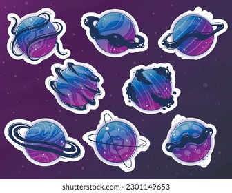 Print-ready sticker pack Fantastic alien planets, moons and moons, magical fantasy world, space objects in gradient colors with bubbles, rings for custom space game. Magic colorful universe