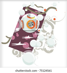 Prints: abstract background, frightened scuba diver and a flock of sharks.