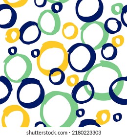 Prints colors of Brazil, green, yellow and blue circles. Seamless pattern. Carnival celebration, confetti. National party, football and samba. Freehand illustration. Cup vector. Background, texture.