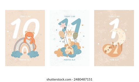 Prints featuring cute sleeping animals, capturing all the special moments by month. Baby number cards for newborns. 10,11 months and 1 year. Vector