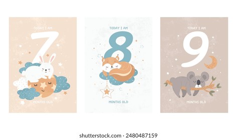 Estampados con lindos animales durmiendo, capturando todos los momentos especiales por mes. Tarjetas de bebé para recién nacidos. 7-9 meses. Vector