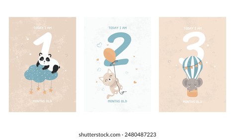 Prints featuring cute sleeping animals, capturing all the special moments by month. Baby number cards for newborns. 1-3 months. Vector