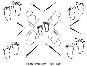 The prints of the feet with socks lying next to the background. Vector illustration