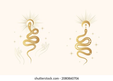 Prints with golden snakes, sun, moon and stars. Celestial gold collection for the design of t-shirts, posters, covers and cards.