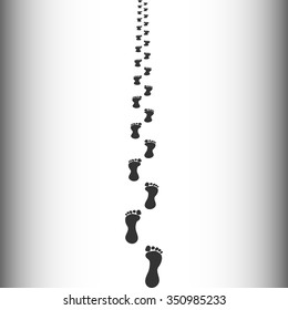 Prints of human bare feet leaving behind the horizon. Vector illustration. Steps silhouette stretching into the distance. Symbolizes leaving the and parting.