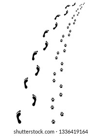 Prints of human feet and dog paws, turn left or right
