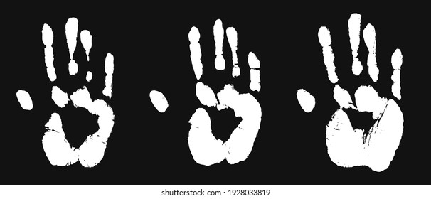 Impresiones de un conjunto de manos humanas. Impresiones de palma en blanco aisladas sobre negro. Grunge ilustración vectorial.