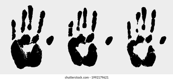 Impresiones de un conjunto de manos humanas. Impresiones de palma en negro aislado sobre blanco. Grunge ilustración vectorial.
