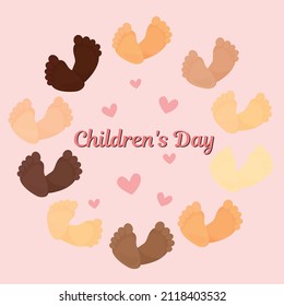 prints of infant feet of children with different skin color in a circle and with the text inside the Children's Day and hearts. Vector Template for greeting cards, logo, banner and brochure