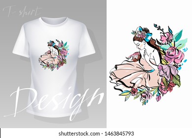 Prints on T-shirts, sweatshirts, cases for mobile phones, souvenirs. Isolated vector illustration on white background. Hand drawn beautiful, lovely, little ballerina girl with flowers. - Vector.