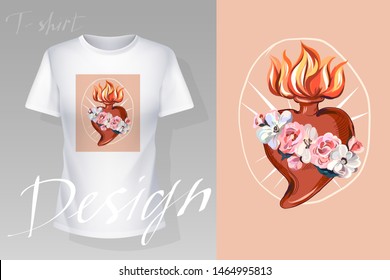 Prints on T-shirts, sweatshirts, cases for mobile phones, souvenirs. Isolated vector illustration on white background.  Anatomical heart with flowers. - Vector.