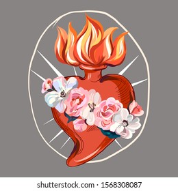 Prints on T-shirts, sweatshirts, cases for mobile phones, souvenirs. Isolated vector illustration on white background.  Anatomical heart with flowers. - Vector.