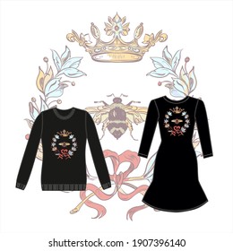 Prints on T-shirts, sweatshirts, cases for mobile phones, souvenirs. Isolated vector illustration on white background. Wild birds in flight. Fashion vector illustration with bee, crown, flowers, bow. 