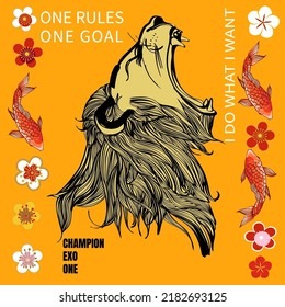 Prints on T-shirts, sweatshirts, cases for mobile phones, souvenirs. Isolated vector illustration on white background. Lion head and japanese flower. Lion head vector.