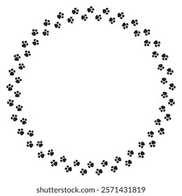 Prints paws dog graphic sign. Pads of cat paws round frame. Frame from traces animal going in a circle. Dog pads round frame. Vector illustration