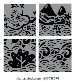 Prints set. Backgrounds with herbs, plants, grass, leaves, flowers, mountains, cherry tree blossom sketch hand drawn, woodcut