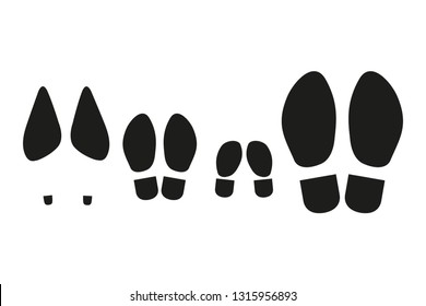 Prints of the soles of a family of four. Set of  black icons Isolated on white background.