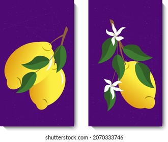 Druckt Vorlage mit Zitronen auf violettem Hintergrund. Vektorgrafik. Für Innenräume, Geschäfte, Cafés, Flyer, Drucke, Verpackungen.