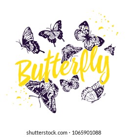 Prints for T-shirts. Painted Butterflies. Vector illusnration