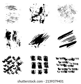 Impresiones de superficies desiguales, texturas de malla, trazos de pincel. Conjunto de texturas negras de tinta vectorial aisladas en fondo blanco.