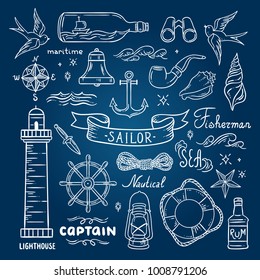 PrintSailor vector set. Sea and ocean theme hand drawn graphics