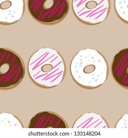PrintSeamless background pattern of assorted doughnuts, or donuts, with chocolate, white and pink iced ones covered in sprinkles scattered randomly on a white background