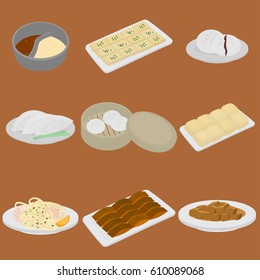 PrintSet of chinese food flat design elements. Asian street food menu. Traditional dish Peking duck, soup huo guo, pork and tofu. Dumplings jiaozi and baozi, noodles and bun vector illustration