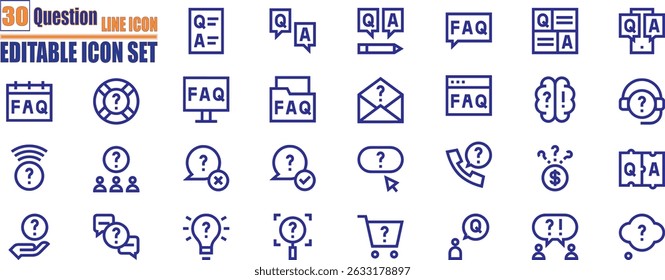 PrintSet of outline icons related to question. customer support sign. Pixel perfect. Question mark sign and symbol. Why symbol	