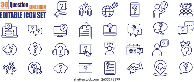 PrintSet of outline icons related to question. customer support sign. Pixel perfect. Question mark sign and symbol. Why symbol	