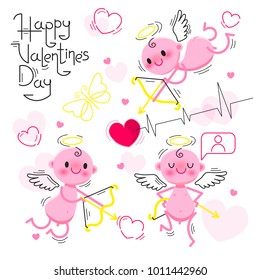 PrintSet Wedding and Valentines Day design elements. Little cute cupids isolated on white background. Vector illustration
