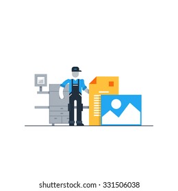 Printshop services, polygraphy production, copy center, vector flat illustration
