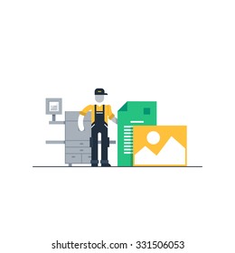 Printshop services, polygraphy production, copy center, vector flat illustration