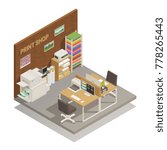 Printshop studio interior to print mobile and desktop photos documents cards t-shirts isometric composition vector illustration 