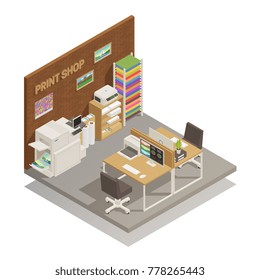 Imprenta interior de estudio para imprimir Fotos móviles y de escritorio documentos tarjetas camisetas Ilustración vectorial de composición isométrica 