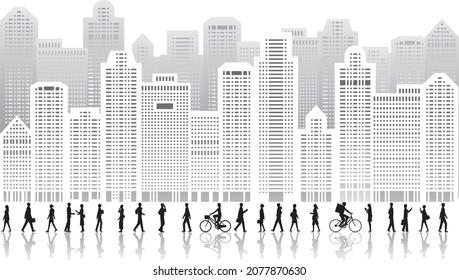 PrintSideways silhouette illustrations of skyscrapers and pedestrians such as office workers and young people