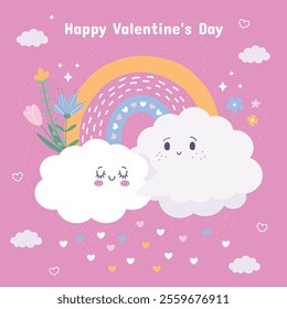 PrintValentine's Day card with hugging clouds a rainbow and hearts on a bright pink background