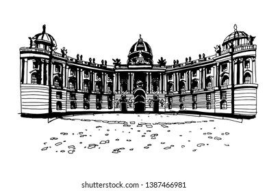 Printvector sketch of Hofburg palace on St. Michael square (Michaelerplatz), Vienna, Austria 