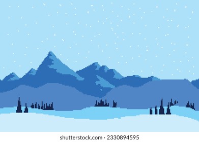 Printwinter pixel art image, there is a beautiful high mountain surrounded by pine trees covered in snow