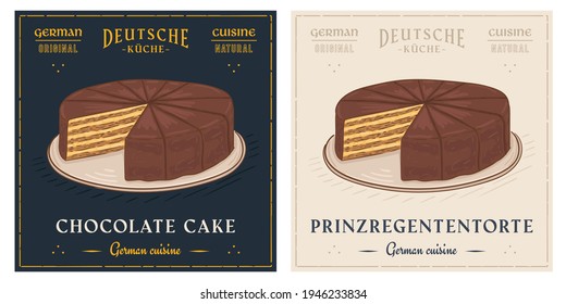 Prinzregententorte Bavarian chocolate cake retro vintage illustration