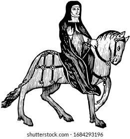 The Prioress from Chaucer's Canterbury Tales, this picture shows The Prioress riding on horse and raising right hand, vintage line drawing or engraving illustration