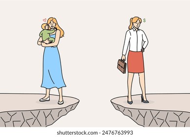 Priorities between family and career for woman who successfully combines raising child and business. Girl with baby or businesswoman stands on opposite rocks, discussing different priorities in life