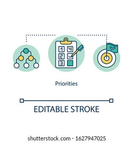 Priorities concept icon. Task prioritizing idea thin line illustration. Smart goals setting and planning. Effective time managing. Vector isolated outline RGB color drawing. Editable stroke