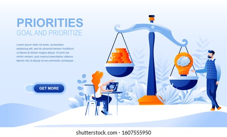Priorities flat landing page with header, banner vector template. Life goals and values in order of importance. Brain, mind and money, wealth on different scales, prioritize, making difficult choice