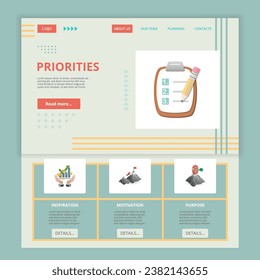 Prioridades de la plantilla del sitio web de la página de aterrizaje plana. Inspiración, motivación, propósito. Banner web con encabezado, contenido y pie de página. Ilustración vectorial.