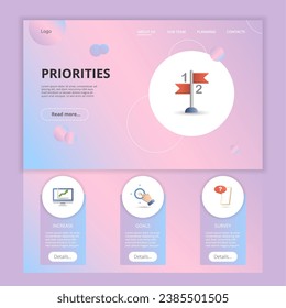Priorities flat landing page website template. Increase, goals, survey. Web banner with header, content and footer. Vector illustration.