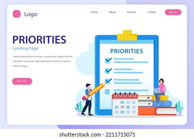 Priorities landing page website flat vector template