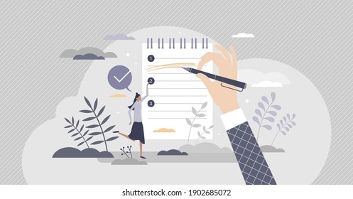 Priorities list as plan with duties sorted by importance tiny person concept. Work management strategy for high efficiency and productivity with schedule checklist and target steps vector illustration