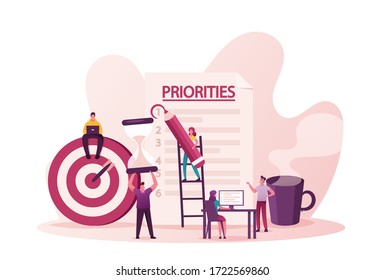 Priorities Organize Concept. Tiny Male and Female Characters Put Tasks on Paper for Effective Daily Planning, Scheduling Working Process. Timetable and Aiming. Cartoon People Vector Illustration